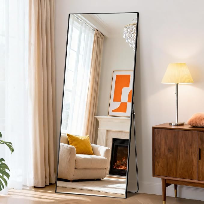 DUMOS 21"x56" Full Length Mirror with Stand, Floor Standing Aluminum Frame, Shatter-Proof Nano Glass for Bedroom, Living Room, Cloakroom – Modern Simple Home Decor,Can Be Hanging or Leaning, Black