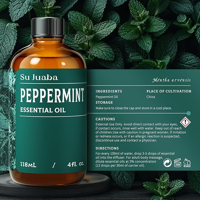 SU JUABA Peppermint Oil for Hair, Diffuser, Aromatherapy, Air Freshener | Refreshing & Energizing, Releases Peppermint Wide Space Protection, Can Used for DIY - 118ml / 4.0 fl oz
