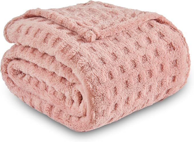NEWCOSPLAY 3D Waffle Checkered Flannel Twin Blanket, Pink, 60"x80" | Super Soft Cute Lightweight Decorative Premium Silky Fleece Blanket for Couch Sofa Bed, Gift for Women Men, All Season Use