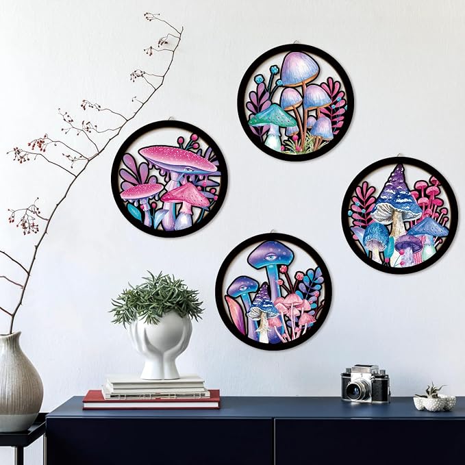 HPNIUB Abstract Whimsical Mushroom Cottage Wall Decor, Watercolor Moody Botanical Plant Moss Hanging Sign, 4 Pieces 10''x10'' Vintage Farmhouse Magical Mushroom Artwork for Bedroom Nursery Home Decor