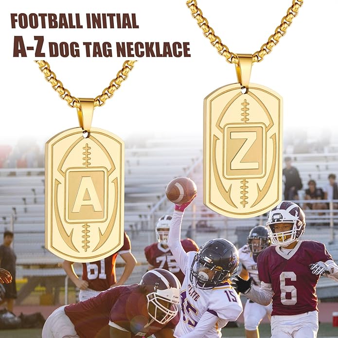 Initial A-Z Dog Tag Necklace for Men - Football Charm Pendant, Stainless Steel Chain 22+2 Inches, Personalized Sports Athletes Jewelry Gift