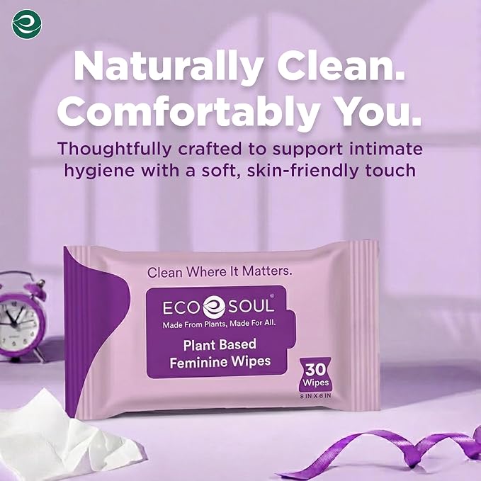 ECO SOUL Plant-Based Feminine Hygiene Wipes (30 Count, Pack of 2) Dermatologist Tested pH Balanced Intimate Cleansing Wipes FSC-Certified Alcohol-Free, Paraben-Free, Fragrance-Free & Hypoallergenic