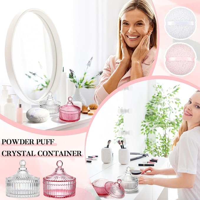Tioncy 2 Set Extra Large Body Powder Puff and Container, 6'' Washable Vintage Decorative Crystal Powder & Container Gift for Bathroom Counter & Feminine Vanity Decor(Classic,Pink and Clear)