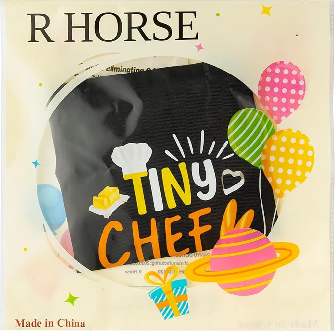 R HORSE Kid Apron and Chef Hat Set - 2Pcs Black Tiny Chef Adjustable Children Kitchen Toddler Apron with Pockets for Kids, Funny Dress up Pretend Play Toy Birthday Gift for Boy Cooking Baking Painting