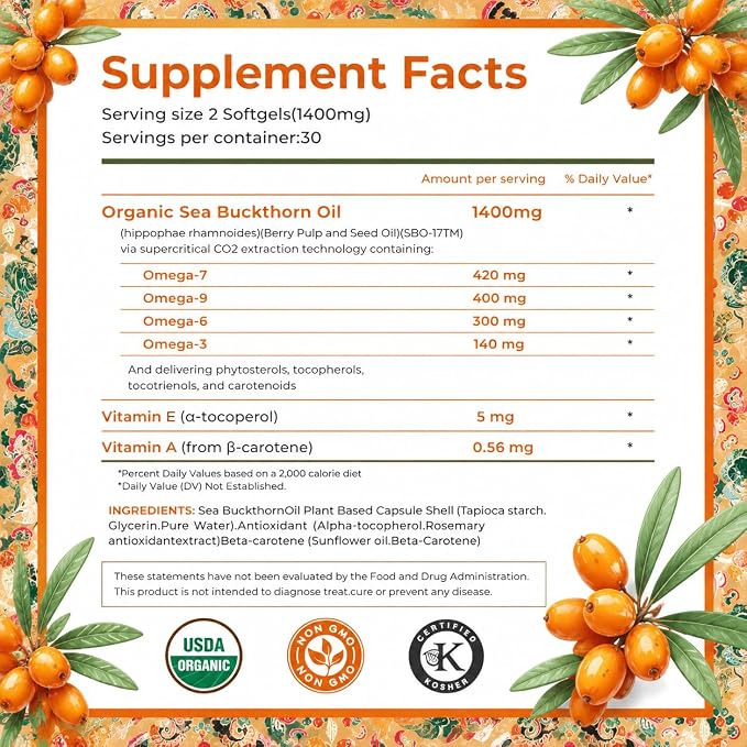 Vaginal Moisturizing Supplement for Women, Sea Buckthorn Oil, Omegas 3, 6, 7, and 9, Vitamins A and E, 100% Natural Formula, 60 Supplements