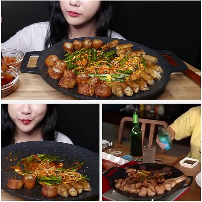 Korean Grill Pan,13inch Nonstick Round Griddle Grill Pan for Korean BBQ,Round BBQ Griddle with Handle,Multifunctional Stove Plate for Meats, Pancakes, Ribs