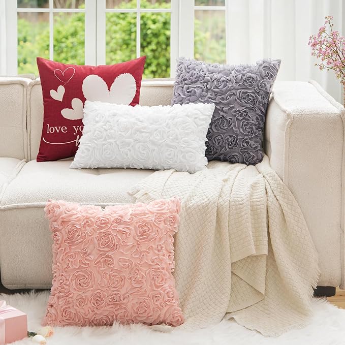 MIULEE Decorative Rose Flower Pillow Cover Pack of 1 White 12x20 Inch | Cute Romantic Stereo Chiffon Throw Pillow Cover Aesthetic Solid Pillowcase for Girl Coquette Room Decor Coach Bedroom