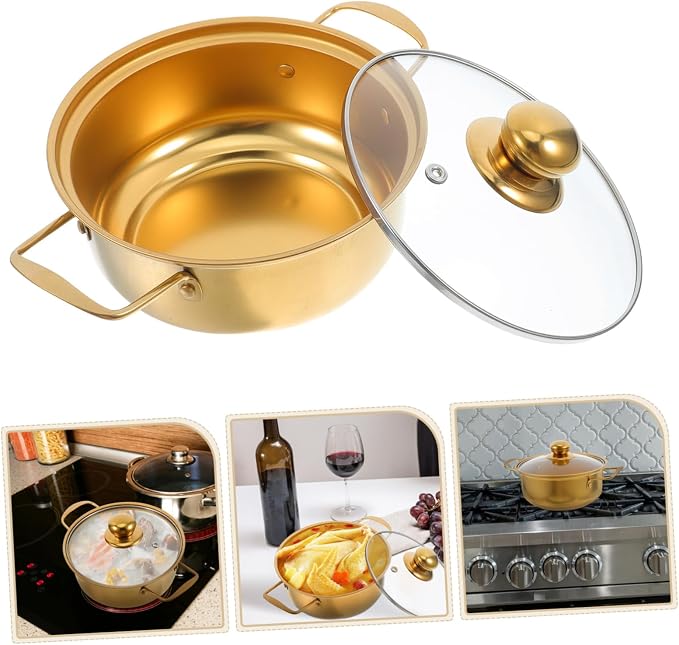1 PCS Korean Ramen Pot, Stainless Steel Induction Cooking Pot with Glass Lid, Golden Soup Noodle Pan with Dual Handles, Metal Small Saucepan for Boiling Ramyun, Broth for Home Kitchen