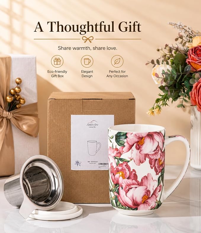 AmorArc Porcelain Tea Mug with Infuser and Lids, 18 Oz Coffee Cup Strainer with Bag Holder for Loose Leaf Tea, Steeping Coffee Mug for House-warming Wedding Birthday Gift