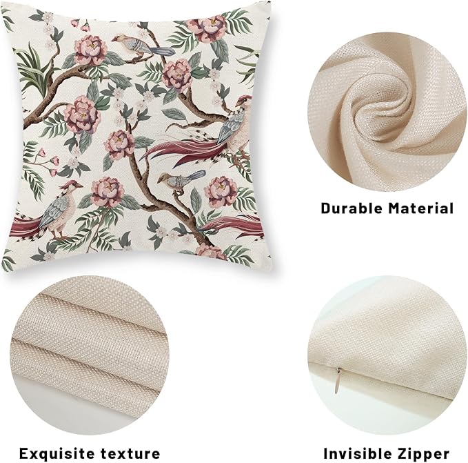 Chinoiserie Pillow Covers 18x18 Set of 2 Pink Green Bird Floral Throw Pillows Vintage Pink Flower Bird Decorative Pillow Cases Chinoiserie Decor Farmhouse Outdoor Cushion Case for Couch Sofa
