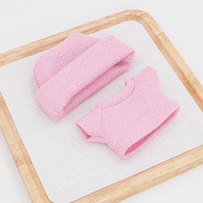 Etistta 17cm Doll Clothes with Hat, Glitter Knit Cap Top Doll Clothes for 17cm Doll Accessories Outfits (Pink)