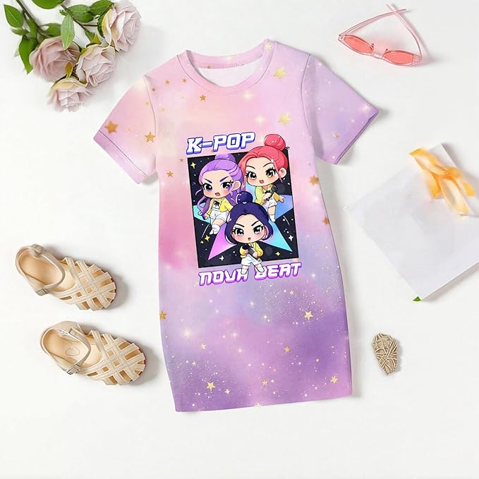 Girl's Anime K-POP Graphic Long Dress T-Shirt - Casual Loose Fit Short Sleeve Top
