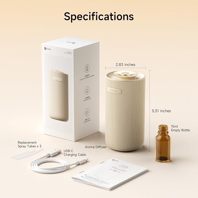 Waterless Essential Oil Diffuser with Vibration-Activated Auto Start-Stop for Car, Portable Rechargeable Cordless Small Oil Diffuser for Home, 2 Scent Settings, Fits 5/10/15ml Oil Bottles, Cream White