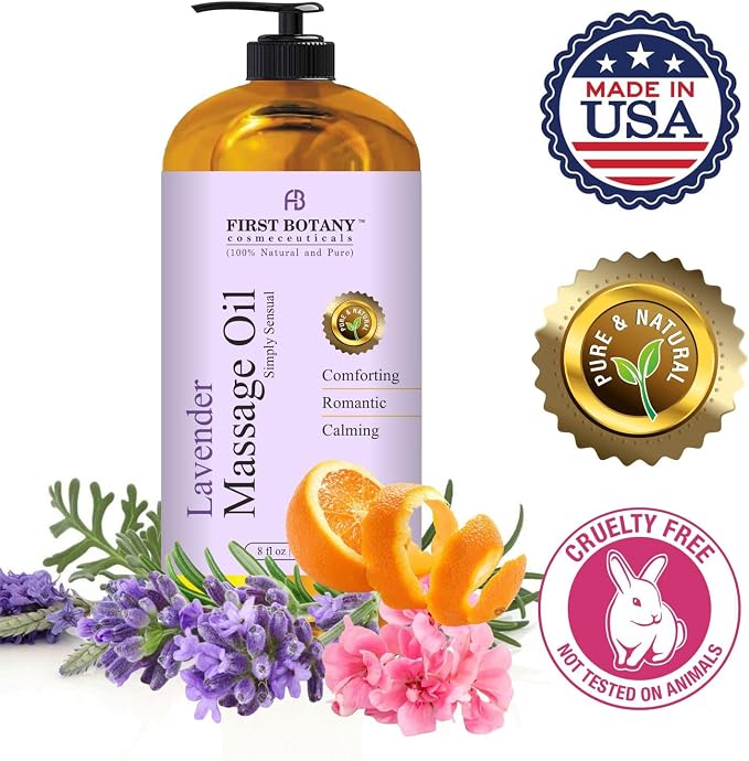 First Botany, Lavender Massage Oil for Couples, 100% Natural Full Body Massage Lotion & Massager, Ideal for use in Aromatic, Relaxing, Sensational Massage & for Aromatherapy for Men & Women, 8 fl oz