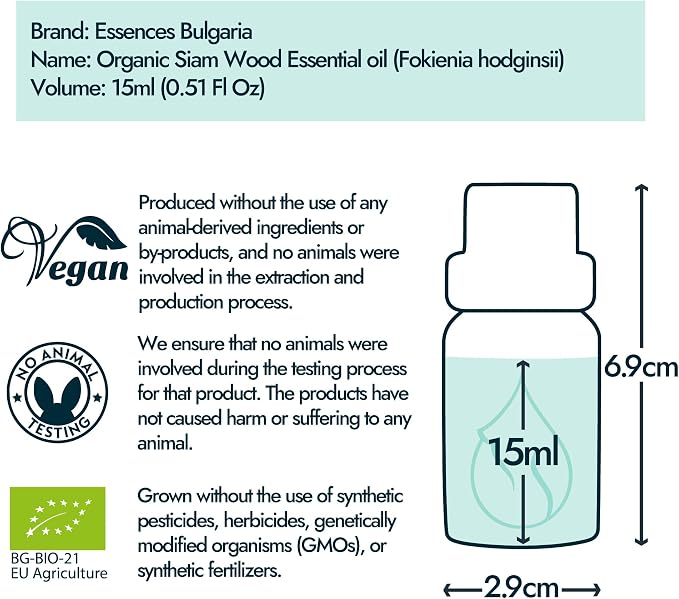 Essences Bulgaria Organic Siam Wood Essential Oil 15ml (0.51 Fl Oz) | Fokienia hodginsii | 100% Pure, Natural, Undiluted | Aromatherapy, Cosmetics | Vegan, Non-GMO, Cruelty-Free