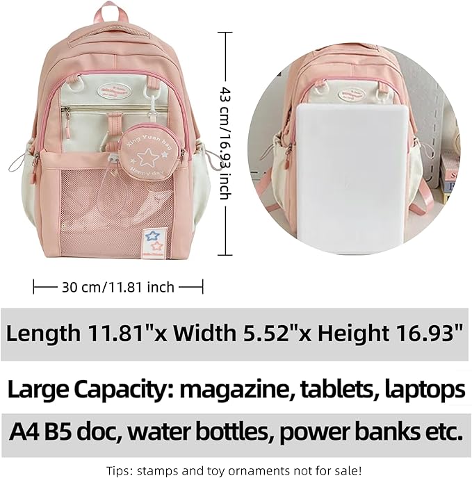 Kawaii Backpack Double Shoulder Bag with Cute Star Removable Pouch Clear Pocket Large Capacity Dopamine Colors Daypack (Clear Pink)