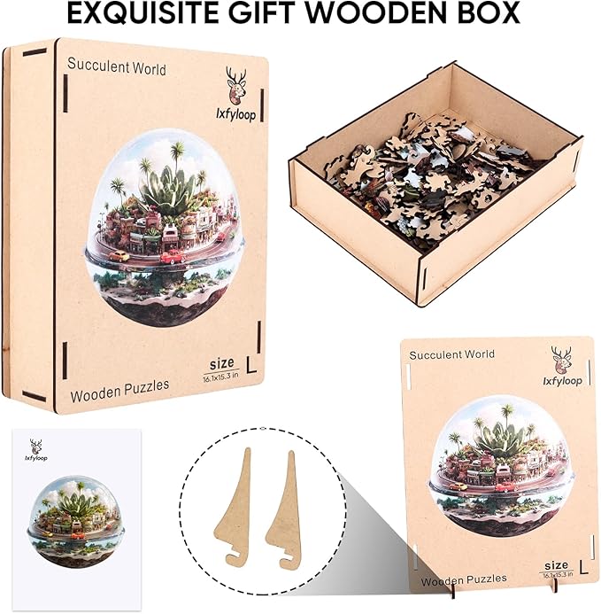 Ixfyloop Succulent Wooden Puzzles for Adults, City Street Jigsaw Puzzle 422 Pieces, Plant Unique Shape for Teens, Family Brain Game 16.1x15.3 inch