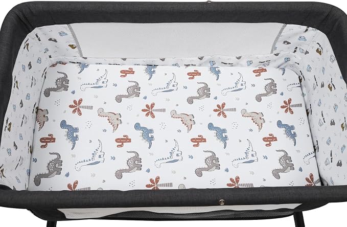 Stretchy Fitted Crib Sheets Set 2 Pack Portable Crib Mattress Topper for Baby Girl Boy,Ultra Soft Jersey Material, Cream & Dinosuar