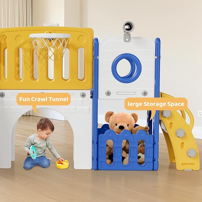 Arlopu 9 in 1 Toddler Slide Set, Kids Large Climber Slide Playset w/Long Slope, Telescope, Storage Space, Enclosed Steps, Indoor Outdoor Playground (Yellow & Blue)