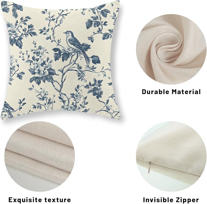 Chinoiserie Pillow Covers 18x18 Inch Set of 2 Blue Floral Bird Throw Pillows Vintage Blue Flower Decorations Pillow Cases Outdoor Chinoiserie Decor Farmhouse Linen Cushion Cover for Couch Home