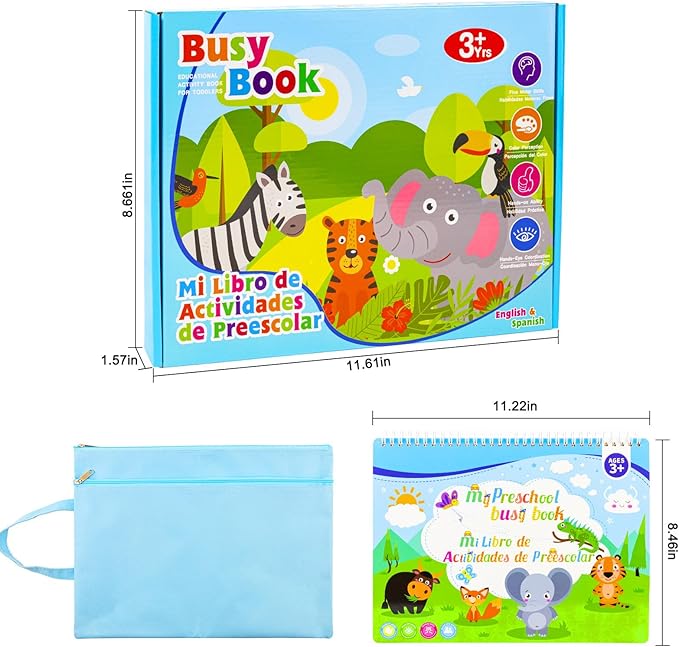 Spanish & English Bilingual Montessori Book for Toddlers 2-4 3-5, Pre-Assembled Reusable Sticker Activities Toy for Kids to Learn Spanish - Speech Therapy Travel Girls Boys Gifts - Juguetes Para Niñas