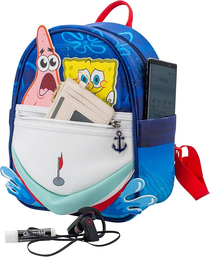 AI ACCESSORY INNOVATIONS SpongeBob Cosplay PU Backpack Purse, 3D Bikini Bottom Shoulder Bag with Epoxy Filled Metal Anchor Charm, 10.5 Inch, Adjustable Straps, Faux Leather