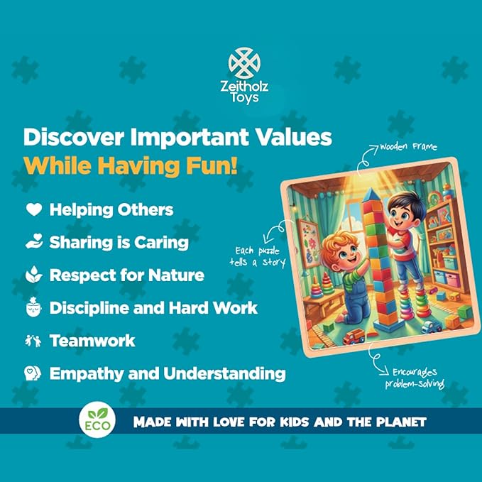 6 Educational Wooden Puzzles & Storybook, Teaches Kindness, Empathy & More โ 6 in 1 Jigsaw Puzzle for Kids Ages 3-7 โ Learn Real Values Through Stories โ Montessori Puzzle Set 25 Pieces