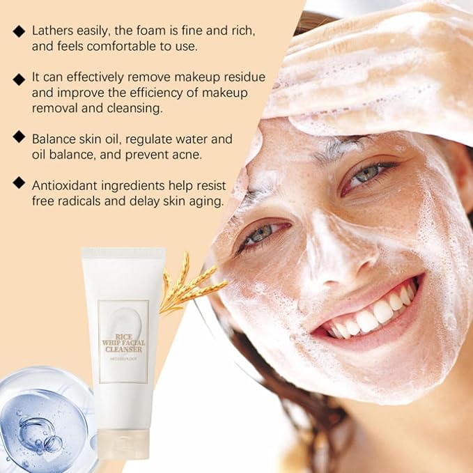 Rice Facial Cleanser, Gentle Foaming Cleanser, Controls Oil, Moisturizes and Hydrates, Nourishes Skin, Cleanses Pores, Gentle Formula Suitable for All Skin Types, Korean Skincare Product, 4.23 Oz