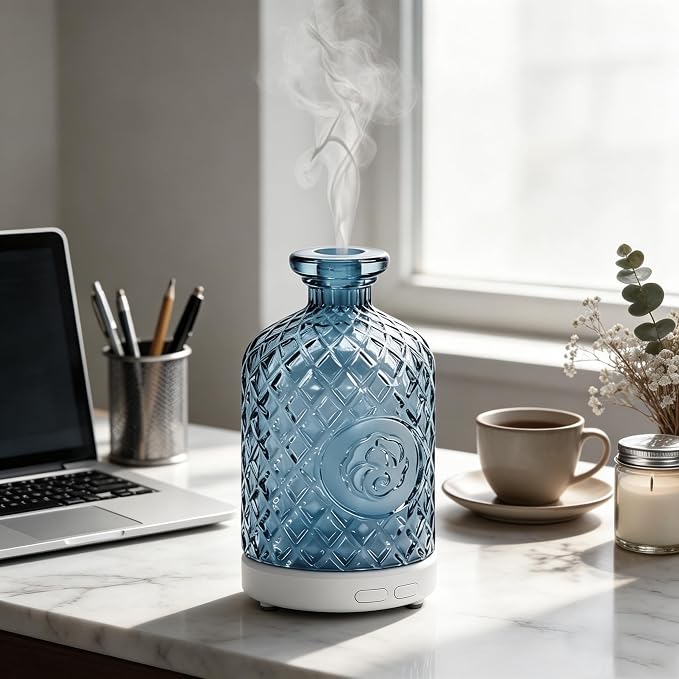 Glass Essential Oil Diffuser,100ml Aromatherapy Diffuser(Blue) | Ultrasonic Cool Mist Humidifier with 7-Color LED Lights, BPA Free, Auto Shut-Off, for Home Yoga Bedroom Office Spa