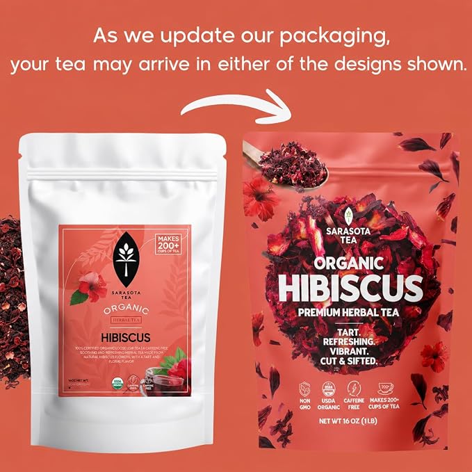 Organic Hibiscus 1lb Loose Leaf Tea | Naturally Tart & Refreshing Herbal Tea | Caffeine-Free | Dried Hibiscus Flowers for Hot or Iced | Non-GMO | Detox & Hydration Support