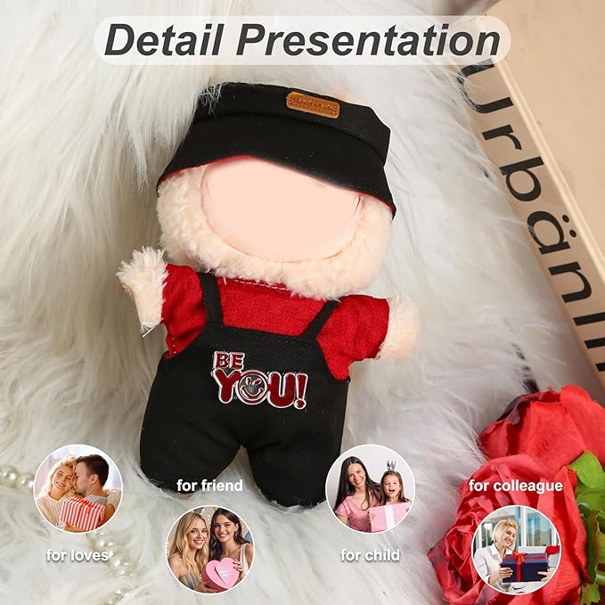 17cm Doll Clothes Set (No Doll) – Outfit with Hat & Overalls, Handmade Accessories for Mini Dolls, OB11-Compatible Dress-Up Gift (Black Hat)