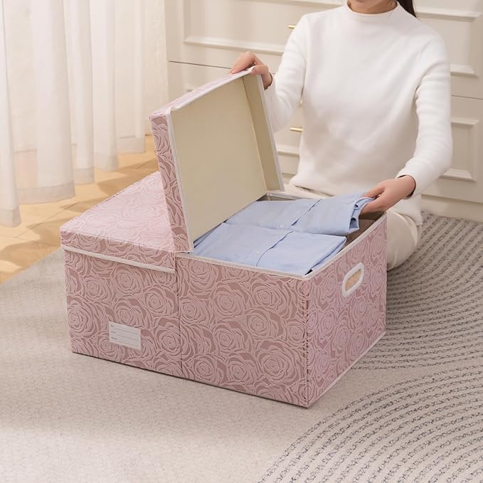 Jumbo Collapsible Storage Boxes with Lids Fabric Decorative Storage Bins Cubes Organizer Baskets with Cover Handles Divider for Bedroom Closet Living Room 23.2x15.7x11.8 Inch 3 Pack