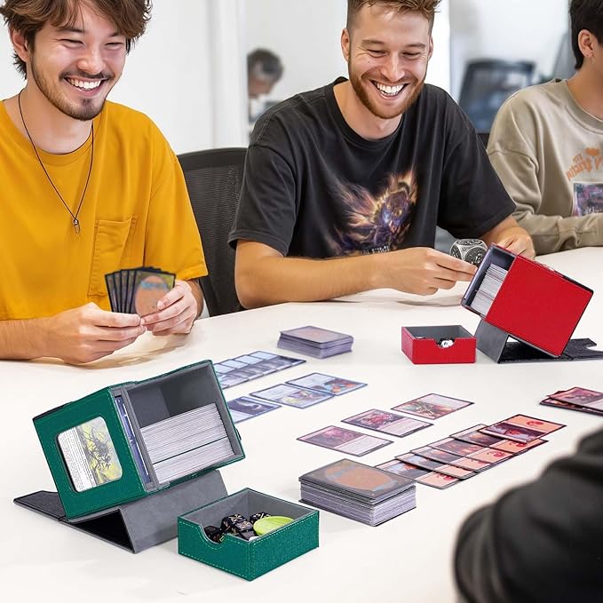 Kabinka Commander Deck Box for MTG with Metal Emblem, Card Deck Box with Dice Tray, Holds 100 Double-Sleeved Cards for PTCG, Cards Storage Case with 35PT Magnetic Card Holder (Black& Green, Leopard)