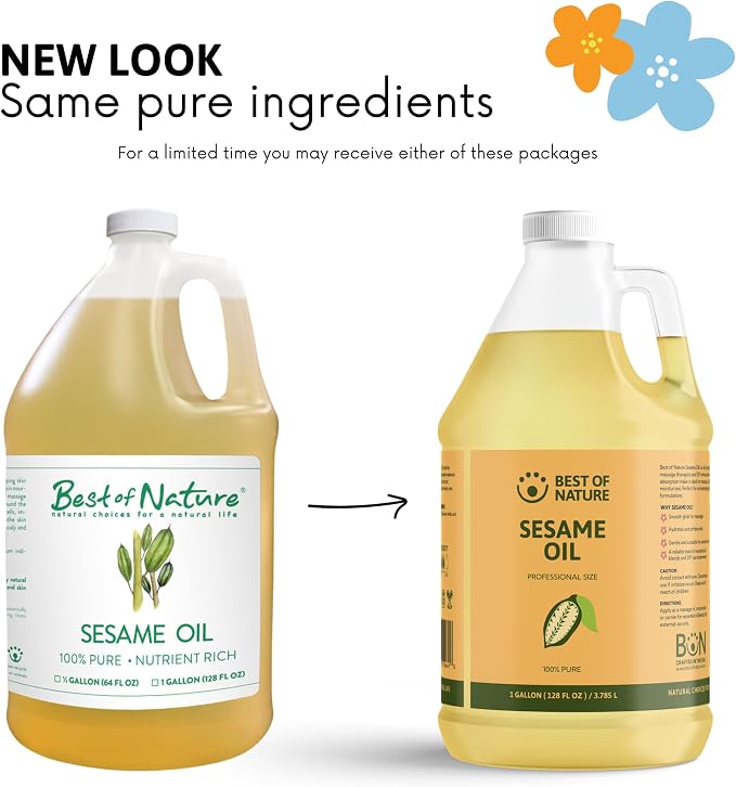 Best of Nature 100% Pure Sesame Oil – Natural Unscented Massage Oil, Deep Moisturizing Body & Skin Oil, Perfect Carrier Oil for Essential Oils, Half Gallon (64 fl oz)