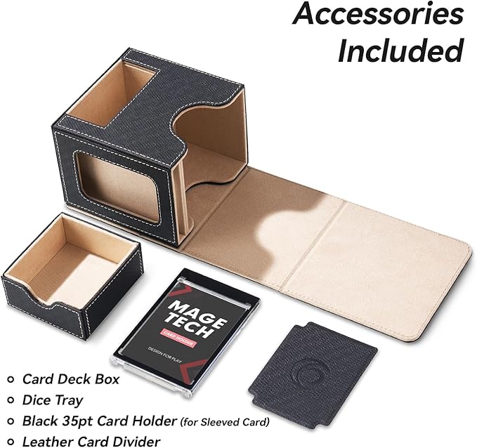 Mage Tech Card Deck Box for MTG Commander - Patented Design, Commander Display, Fits 100 Double-Sleeved Cards, 35pt Card Brick & Dice Tray - Black/Pale Gold