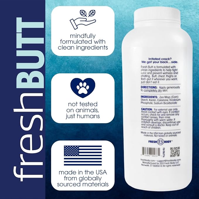 Fresh Butt Body Powder for Men & Women - Talc-Free with Calamine for Friction Fighting, Anti-Chafing, Anti-Itch, Odor & Sweat Absorbing, Unscented, 6oz