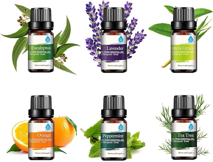 Pursonic Essential Oils Set - Top 6 Aromatherapy Blends Gift Set - 10ml 100% Pure Essential Oils for Diffusers, Home, Massage, & Bath (Eucalyptus,Lavender,Lemongrass,Orange,Peppermint,Tea Tree)