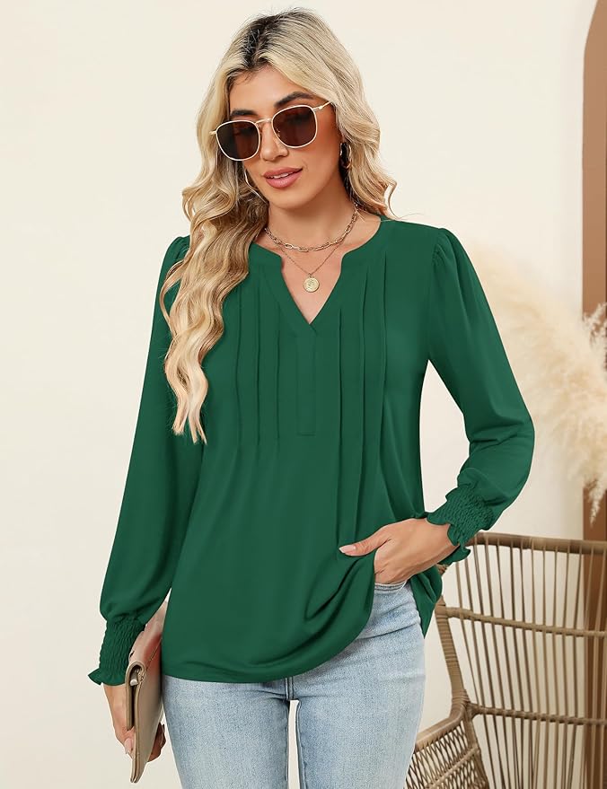 LOMON Womens Tops Dressy Casual Pleated Ruffle Long Sleeve Tunics Tops to Wear with Leggings V Neck Work Blouse