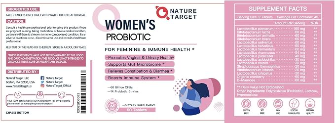 NATURE TARGET Probiotics-for-Women with Prebiotics, Cranberry and D-Mannose, 60-Billion-CFUs, Women's Probiotic for Digestive Health/Gut Health/Immune Booster