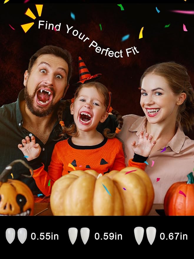 3 Pairs Vampire Teeth Set – Reusable Vampire Fangs in 3 Sizes for Halloween Cosplay, Costume Makeup, and Horror Party