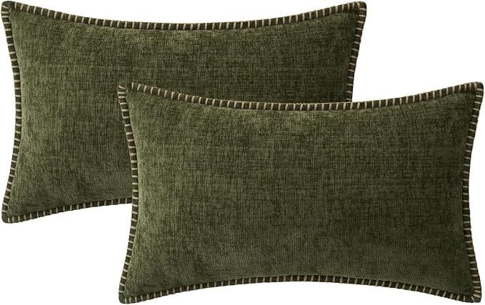 MIULEE Decorative Lumbar Throw Pillow Covers 12x20 Inch Olive Green 2 Pack | Farmhouse Pillow Covers with Stitched Edge, Soft Chenille Cushion Cases, for Couch Sofa Bed Living Room Home Decor
