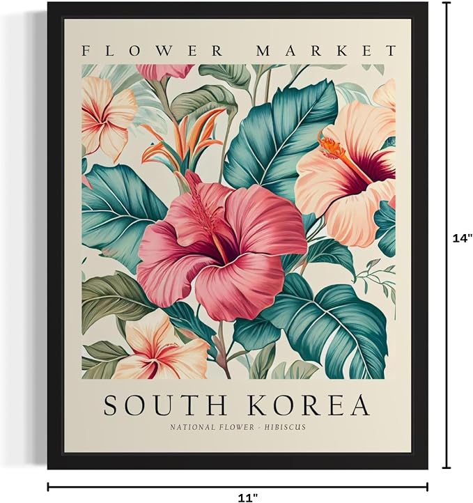 South Korea, Hibiscus Art Print Poster, Flower Market Wall Art, Floral Artwork Decor for Bedroom, Kitchen, Bathroom, Livingroom Decoration 52 (South Korea, Hibiscus, 14"L x 11"W, Unframed)