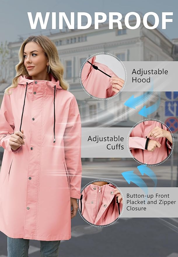 Zando Long Packable Rain Jacket Women Waterproof Raincoat with Hood | Relaxed-Fit Lightweight Windbreaker for Women; Travel Rain Coats for Commute, Hiking, Cruise, and Daily wear