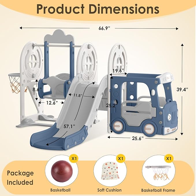 BIERUM Toddler Slide for Toddlers Age 1-3 with Basketball Hoop and Swing, Baby Slide for Kids Ideal Gift, Indoor Outdoor Backyard Playground Blue Gray