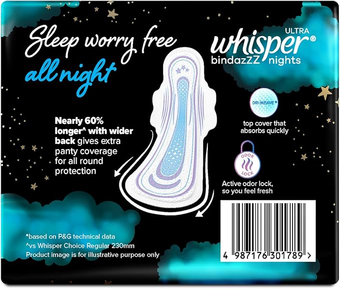 Whisper Bindazzz Night Sanitary Pads|Pack of 16 Thin Pads|XXL+|Upto 0% Leaks|60% Longer & Wider Back|Dry Top Sheet|Long Lasting Coverage|Faster Absorption|36 Cm Long|with Disposable Wrap