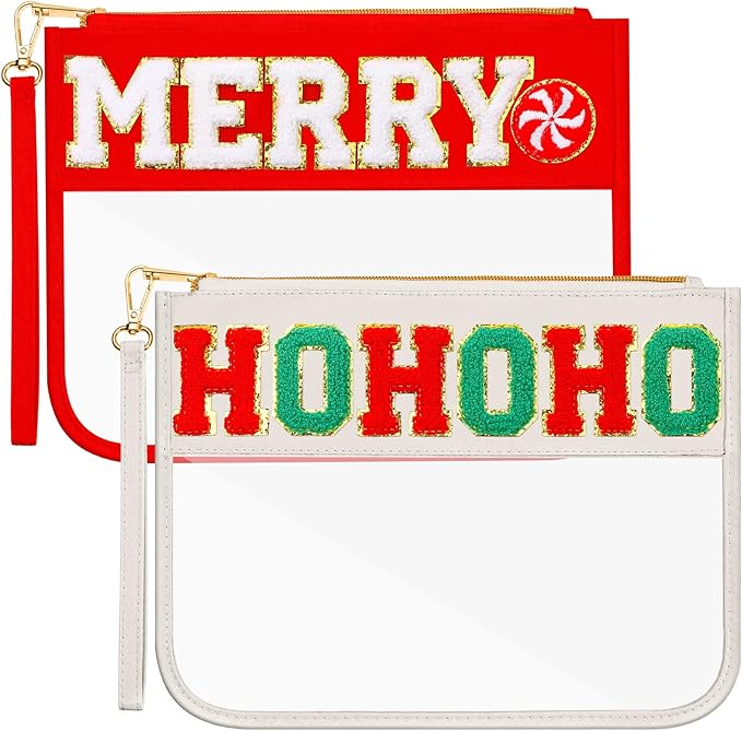 Remerry 2 Pcs Halloween Christmas Chenille Letter Clear Pouch Candy Treat Snack Goodie Bag PVC Makeup Cosmetic Bag Waterproof Preppy Purse Gifts for Women Girls(Red Merry & White Hohoho Set)