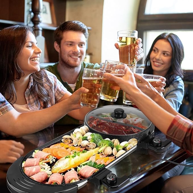 Hot Pot with Grill, 2 in 1 Korean BBQ Grill Shabu Shabu Hot Pot, 2200W Indoor Smokeless Hotpot Pot Combo Electric W/Large Baking Tray, Divider & Separate Dual Temperature Control for 2-12 People, 110V