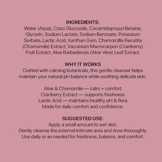 Feminine Gel for Women pH Balanced Intimate Wash with Aloe, Chamomile & Cranberry Extract Plant-Based, Odor Control, Soothing Botanical Formula & Sensitive Skin Care, Made in USA, 4 fl oz
