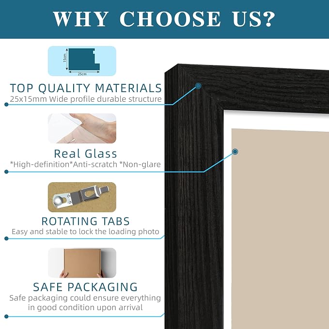 Hongkee 8x8 Picture Frames Set of 4, Made of Glass and Rustic Black Wooden Frame - Display Picture 6x6 with Mat or 8 x 8 Without Mat, 8 by 8 Photo for Wall or Tabletop