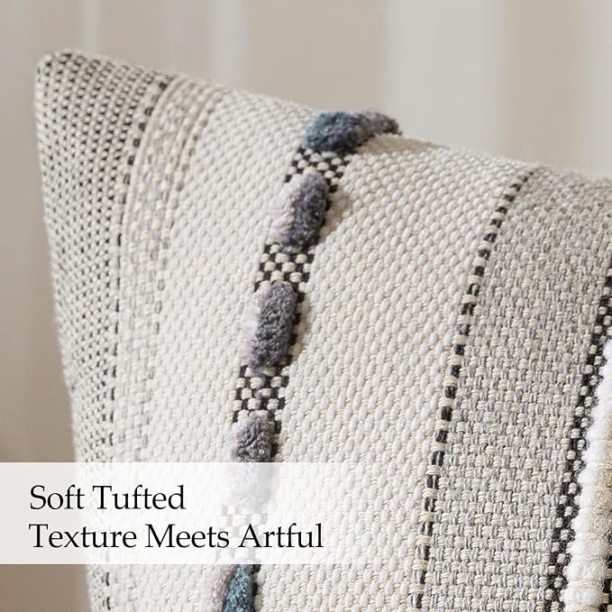 ANRODUO Boho Decorative Throw Pillow Covers Gray Stripe 18x18 Pack of 2 | Throw Pillow Covers, Farmhouse Cushion Case, Chenille Pillow Cases, Pillow Covers, Accent Neutral Pillowcase for Sofa Couch